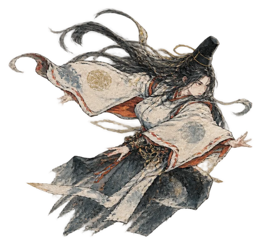 Lord Hisame in a tall black court hat, sleeves thrown wide in the wind