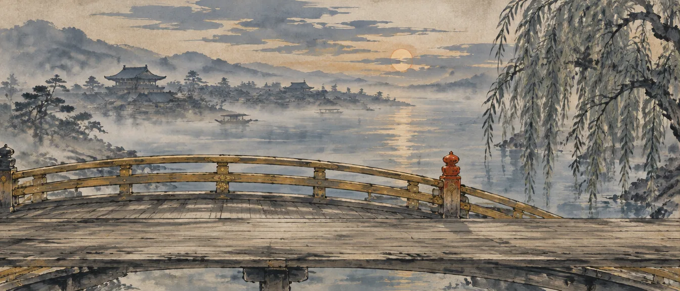 The Arched Bridge at dusk, faded gold railings over a misty river