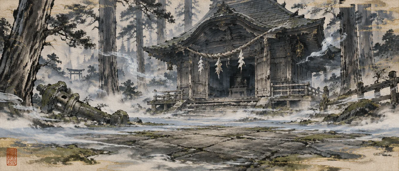 An abandoned shrine in a cedar forest, paper streamers on a sagging rope and fog over the stones