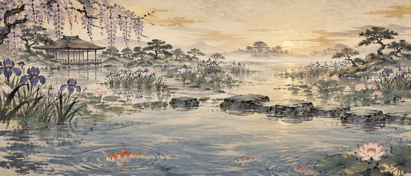 The Flower Pond at first light, irises and lotus around flat stepping stones
