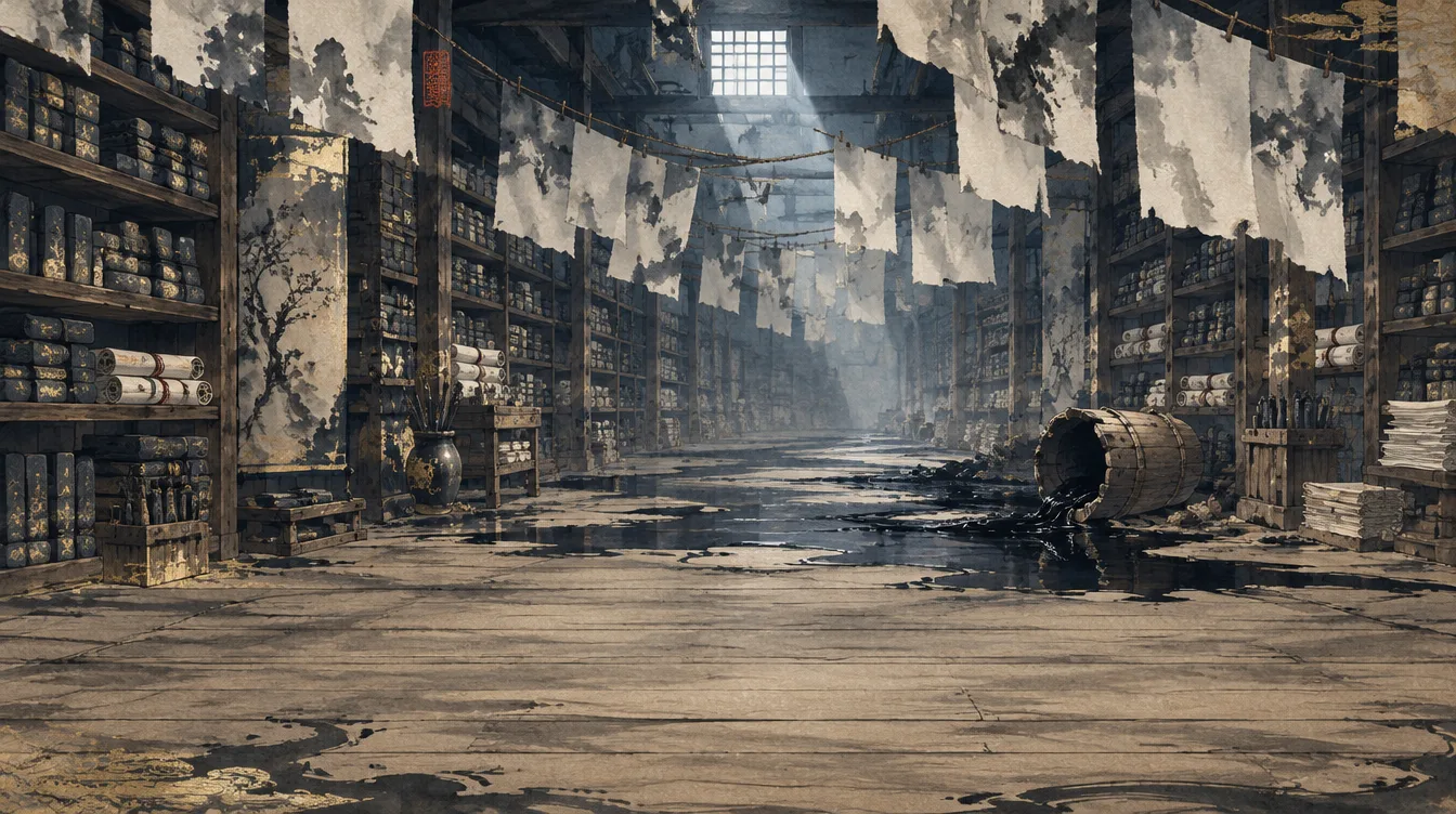 The Ink Storehouse: shelves of ink sticks, paper drying overhead and spilled ink across the floor