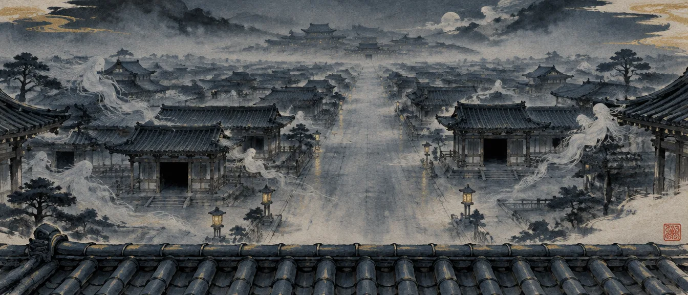 Kyorei at night seen from a palace roof: tiled roofs, an empty avenue and pale spirits drifting between the eaves