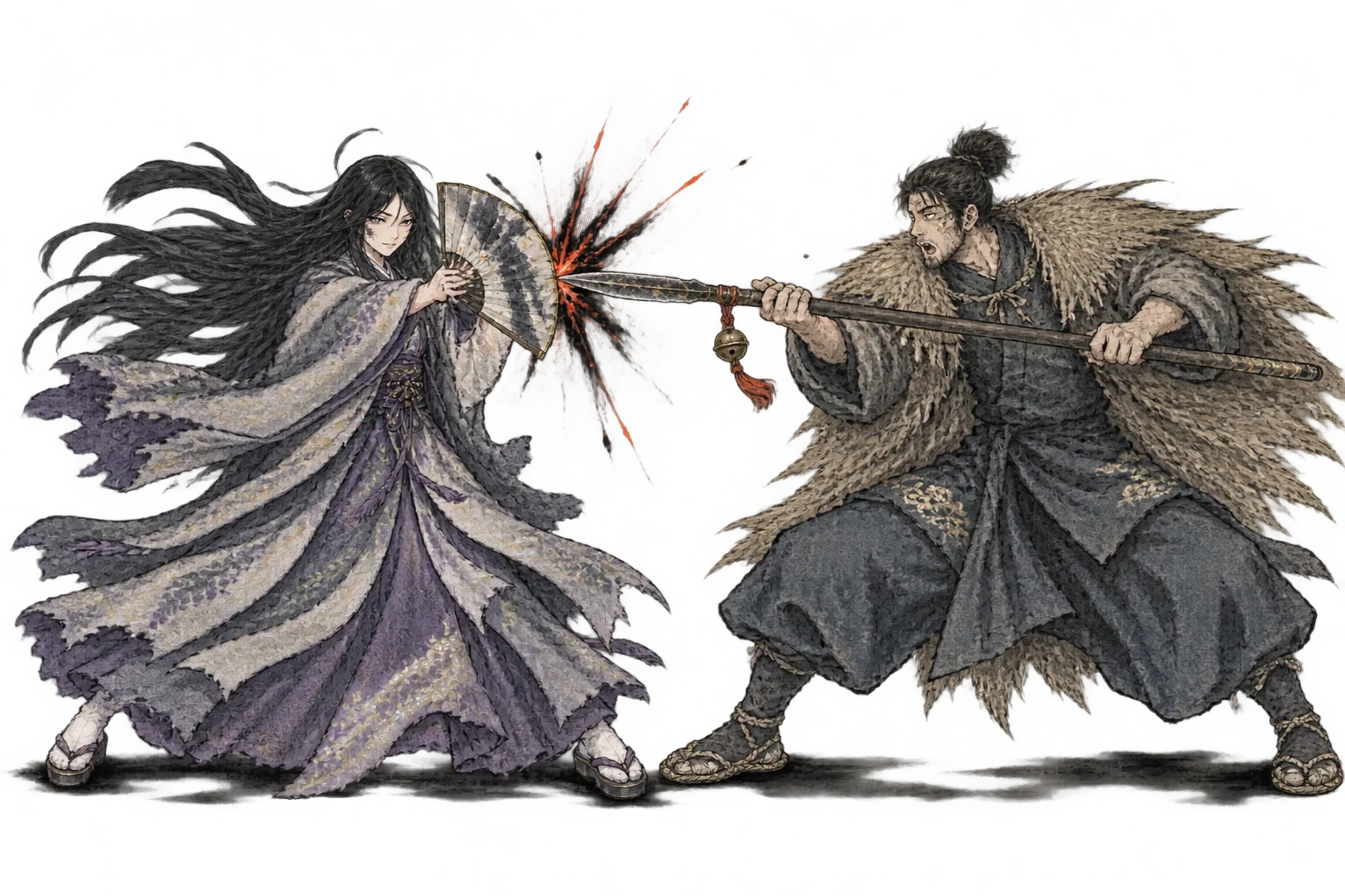 Shiori blocks Mibu's bell spear with her open fan, ink bursting where the blade meets the fan