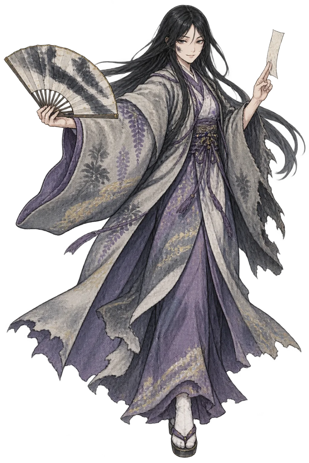 Lady Shiori Tachibana stepping out of the painting in full colour, striped fan open, a paper seal between two fingers