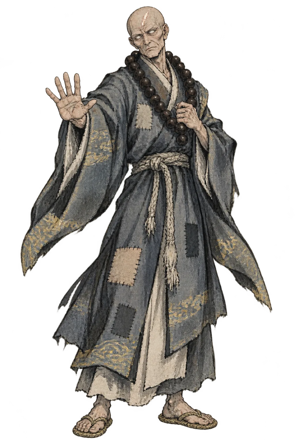 Genkai, a blind monk, painted in grey ink inside the scroll, palm raised toward Shiori
