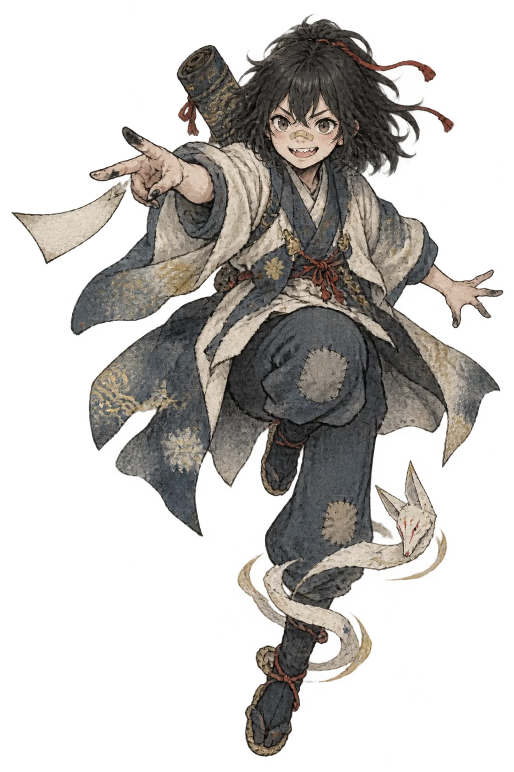 Kuro-nui leaping out of the scroll over the rooftops, flinging a paper charm, a folded paper fox at her ankle
