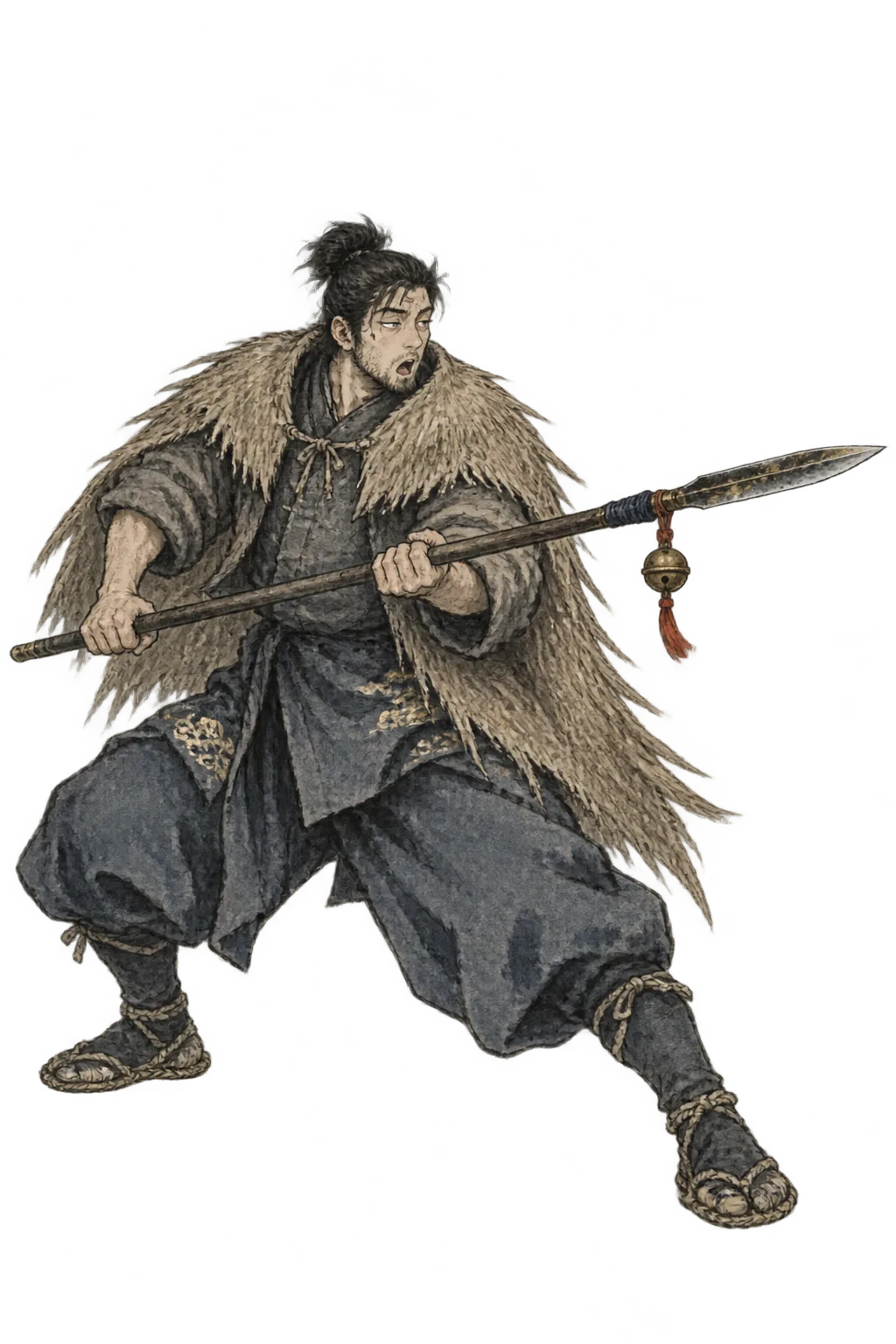 Mibu Taro in a straw rain cape, low and sideways in the courtyard, spear level