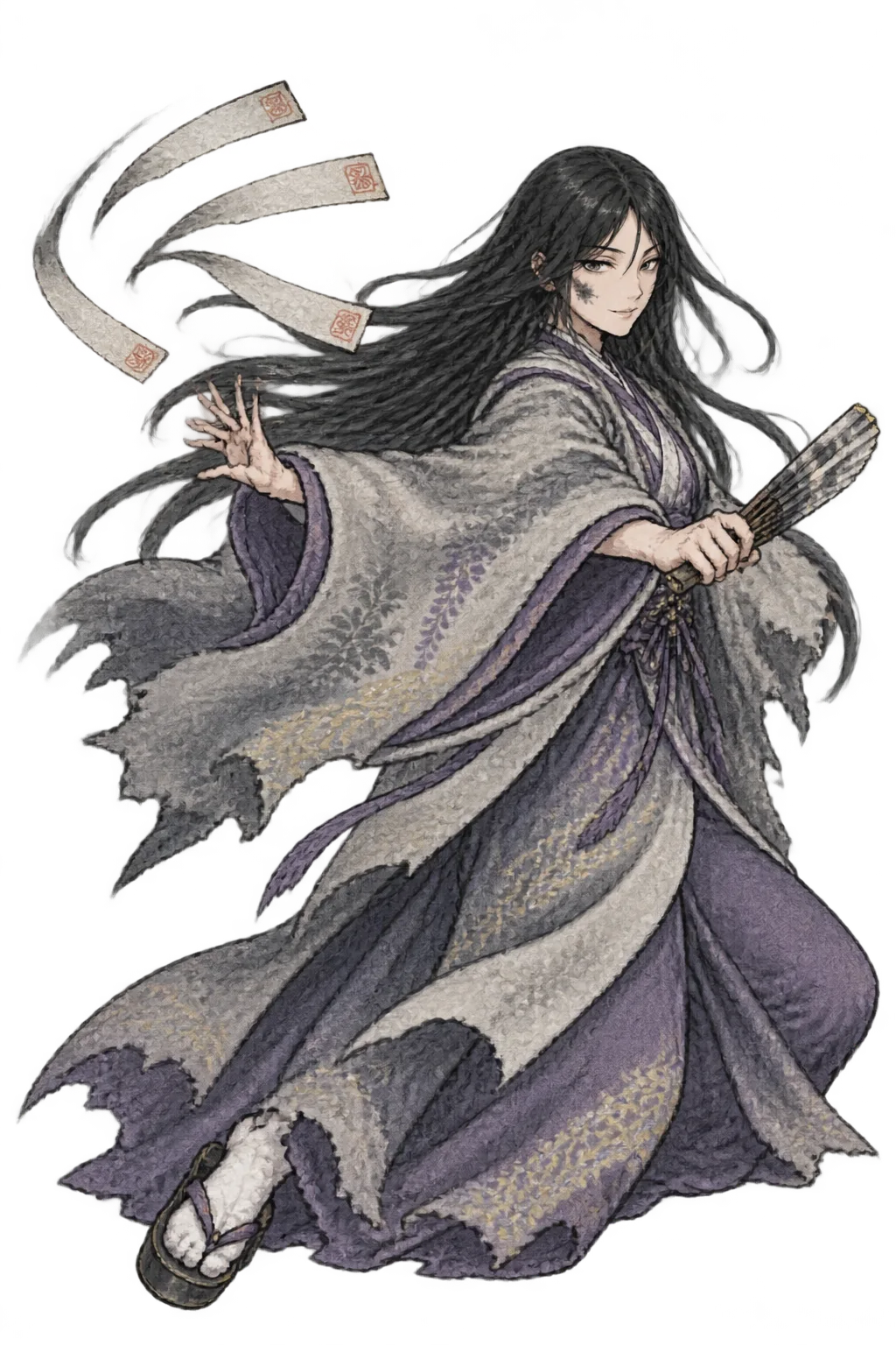 Shiori seen from the side, snapping her fan shut as three seals fly from her sleeve