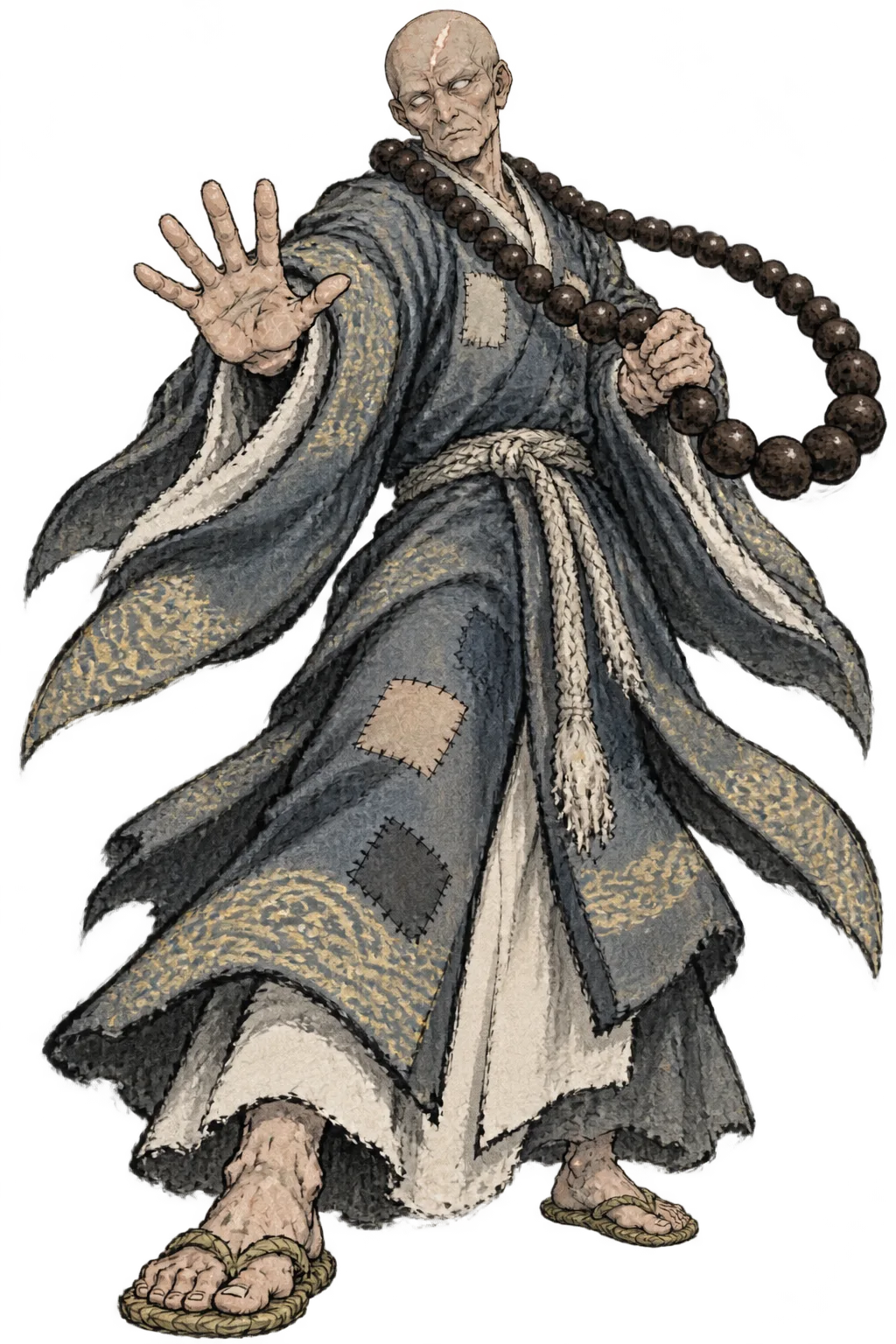 Genkai seen from below, prayer beads swinging in an arc, palm thrust forward