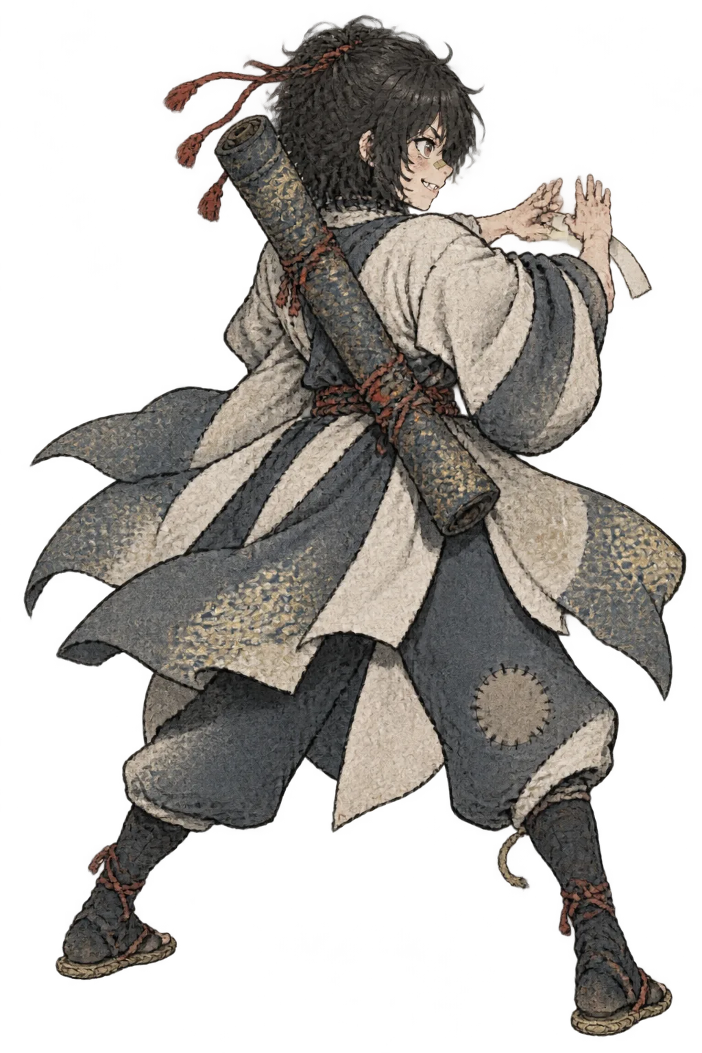 Kuro-nui seen from behind, the stolen scroll strapped across her back, grinning over her shoulder
