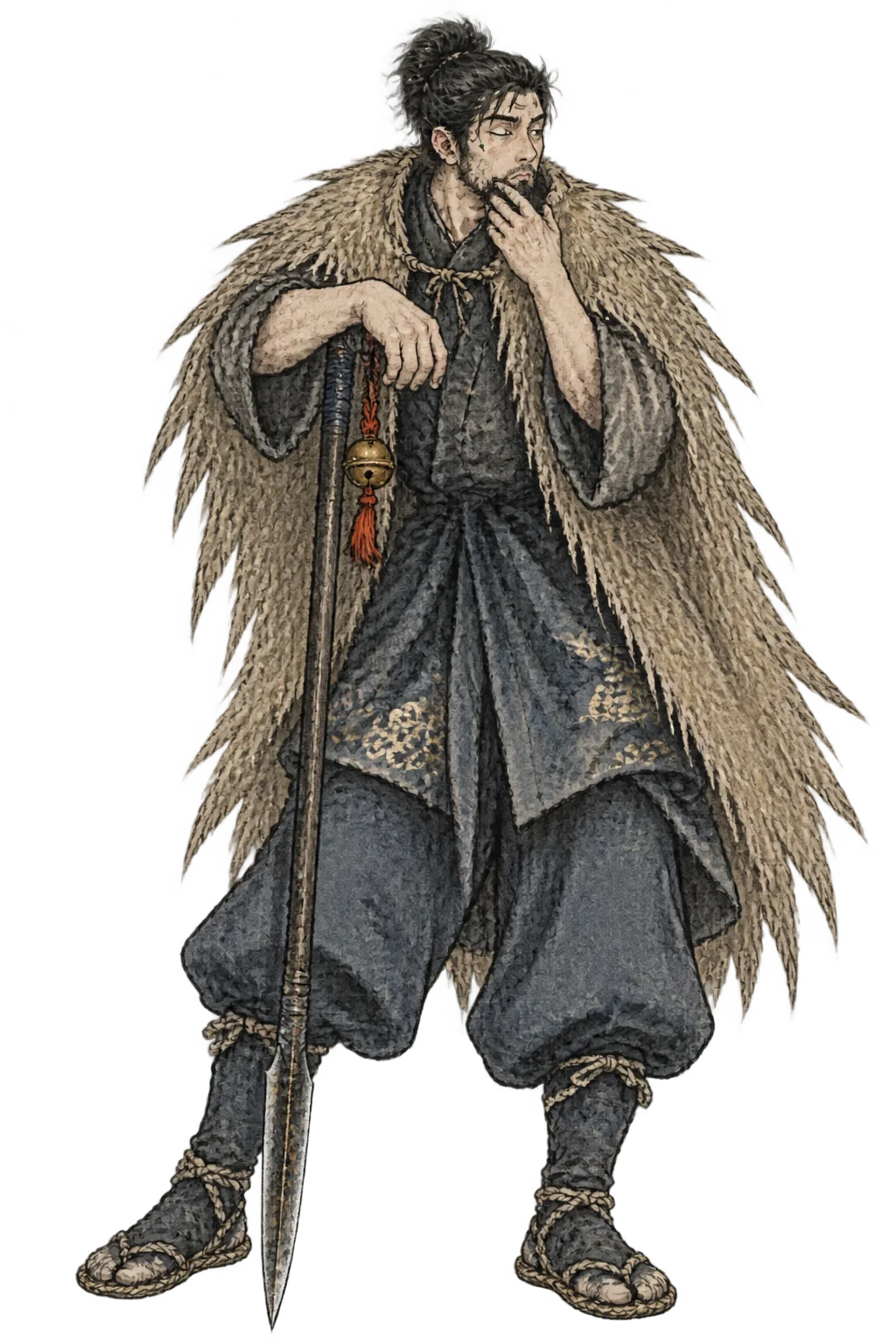 Mibu Taro leaning his weight on his bell spear, one eye open